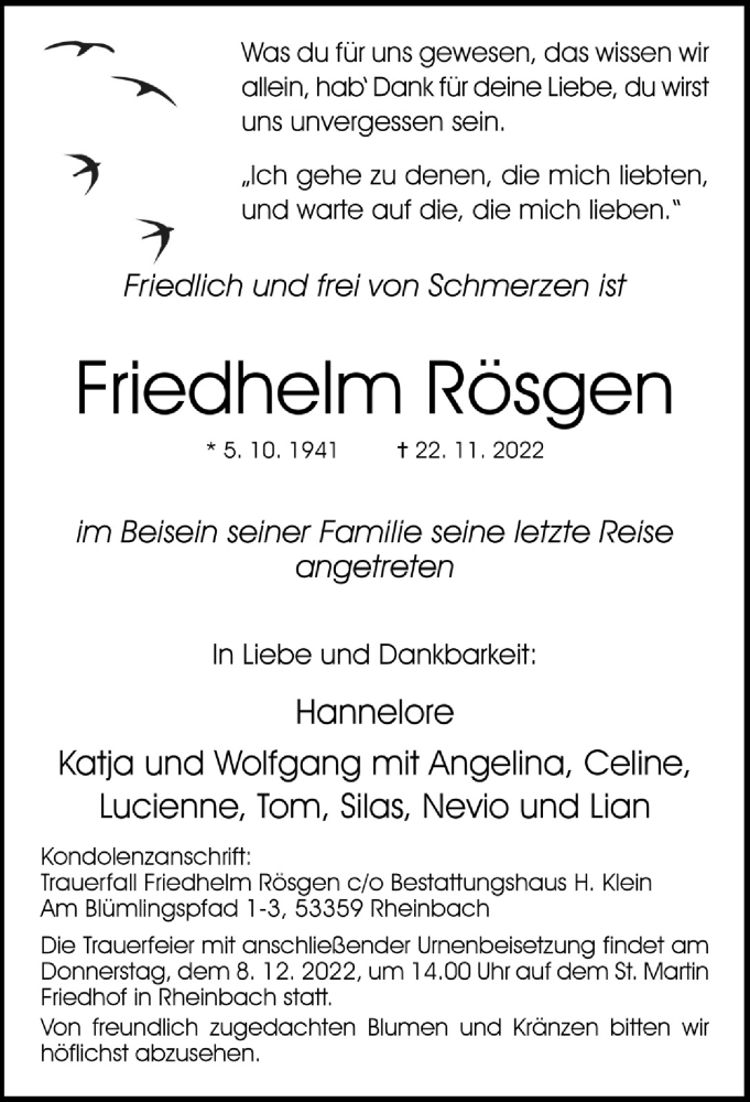  Traueranzeige für Friedhelm Rösgen vom 02.12.2022 aus  Schaufenster/Blickpunkt 