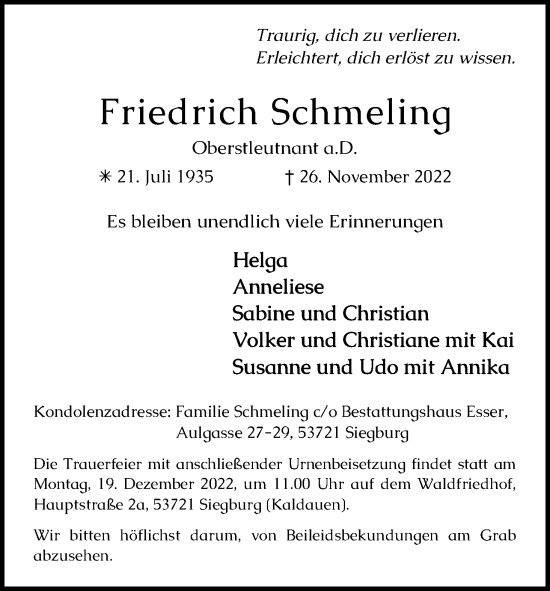 Anzeige von Friedrich Schmeling von Kölner Stadt-Anzeiger / Kölnische Rundschau / Express