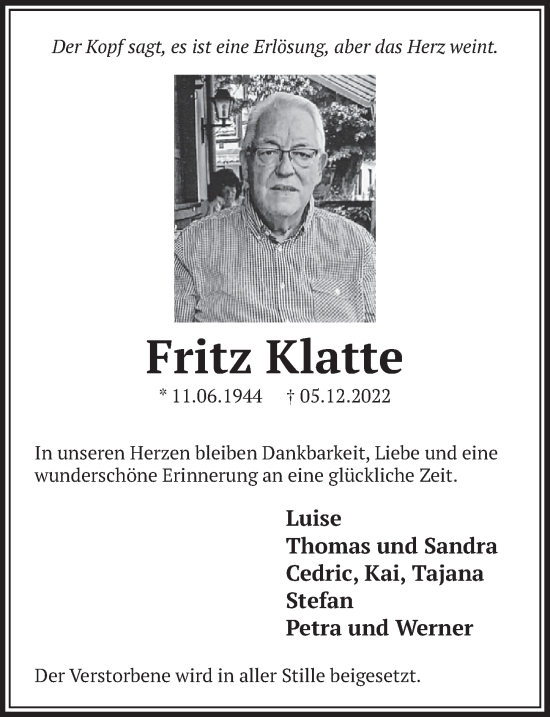 Anzeige von Fritz Klatte von  Werbepost 