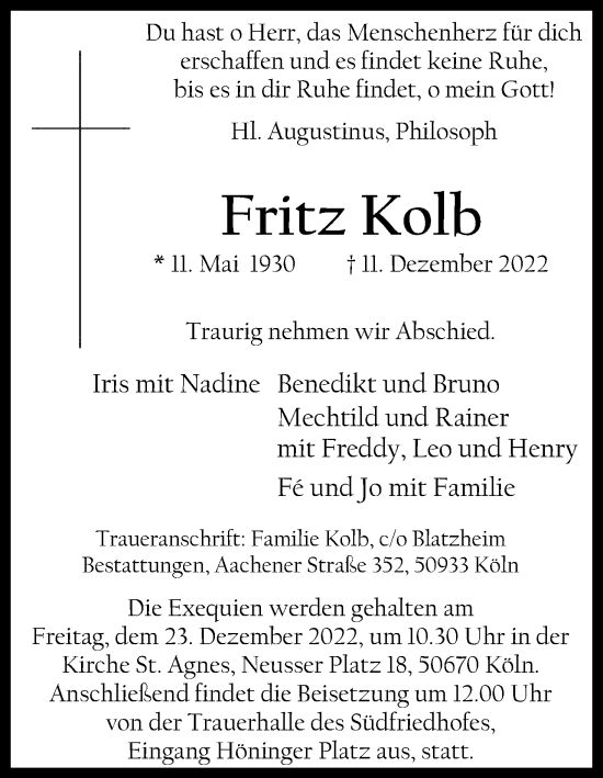 Anzeige von Fritz Kolb von Kölner Stadt-Anzeiger / Kölnische Rundschau / Express