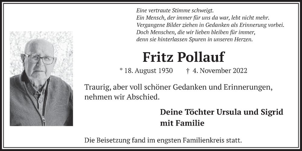  Traueranzeige für Fritz Pollauf vom 09.12.2022 aus  Werbepost 