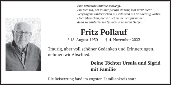 Anzeige von Fritz Pollauf von  Werbepost 