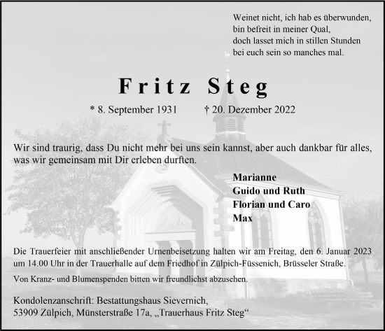 Anzeige von Fritz Steg von  Blickpunkt Euskirchen 