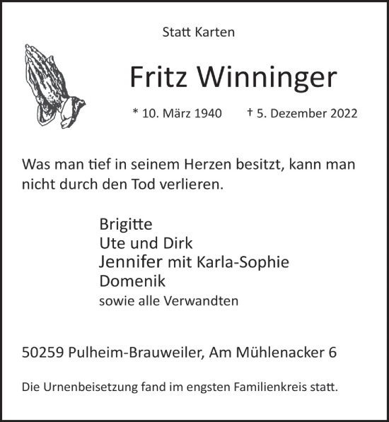 Anzeige von Fritz Winninger von  Wochenende 