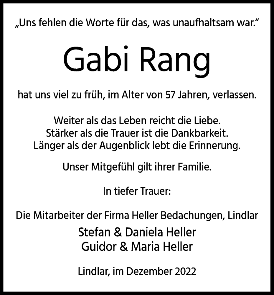  Traueranzeige für Gabi Rang vom 31.12.2022 aus Kölner Stadt-Anzeiger / Kölnische Rundschau / Express