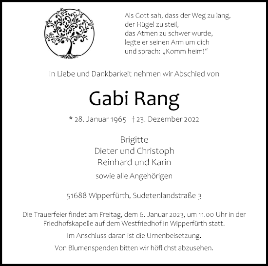 Anzeige von Gabi Rang von Kölner Stadt-Anzeiger / Kölnische Rundschau / Express