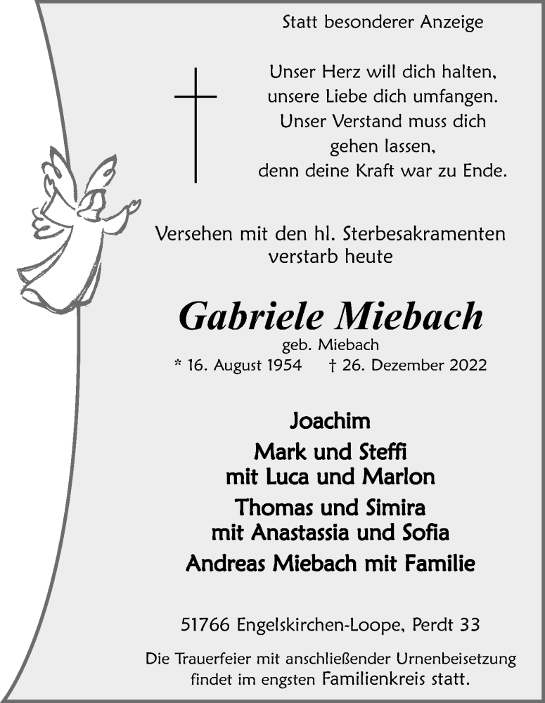  Traueranzeige für Gabriele Miebach vom 31.12.2022 aus Kölner Stadt-Anzeiger / Kölnische Rundschau / Express