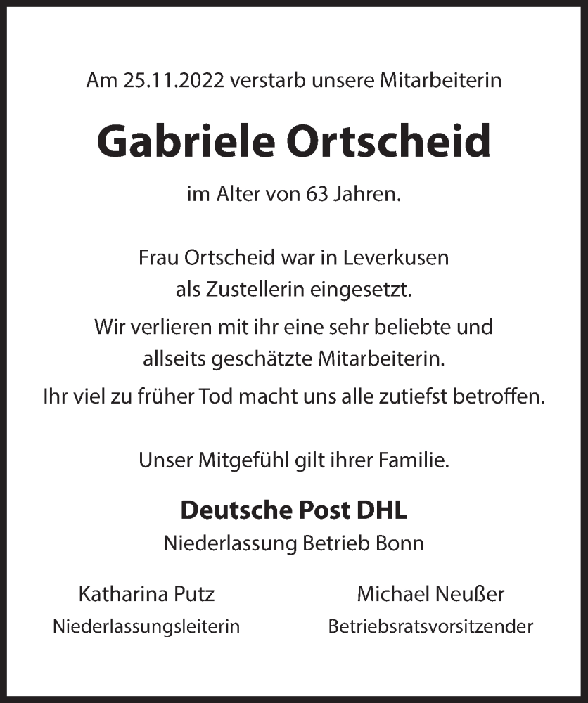  Traueranzeige für Gabriele Ortscheid vom 09.12.2022 aus  Lokale Informationen 
