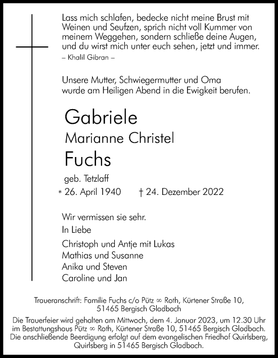 Anzeige von Gabriele Marianne Christel Fuchs von Kölner Stadt-Anzeiger / Kölnische Rundschau / Express