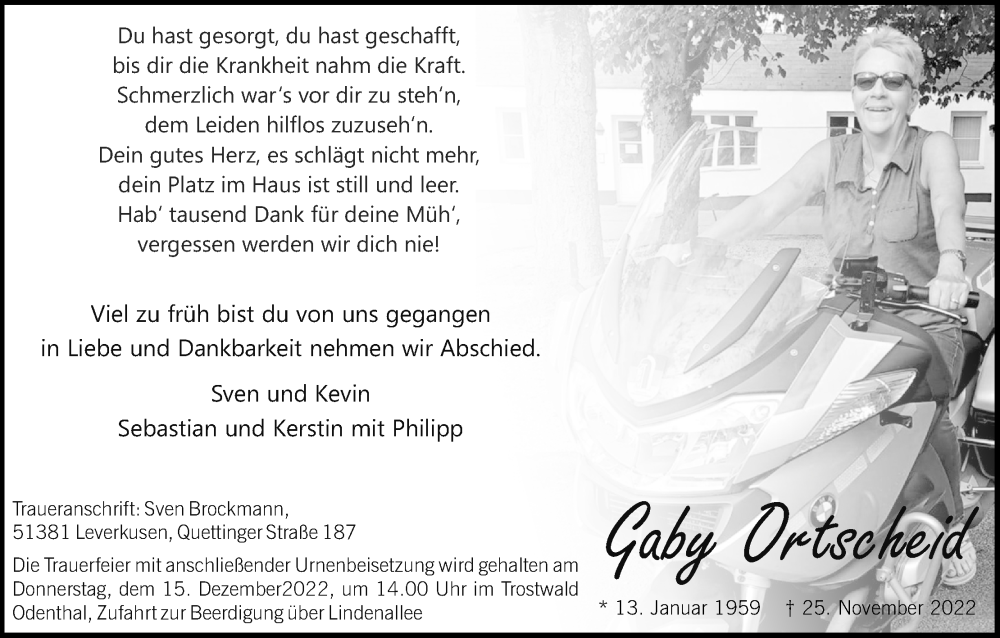  Traueranzeige für Gaby Ortscheid vom 03.12.2022 aus Kölner Stadt-Anzeiger / Kölnische Rundschau / Express