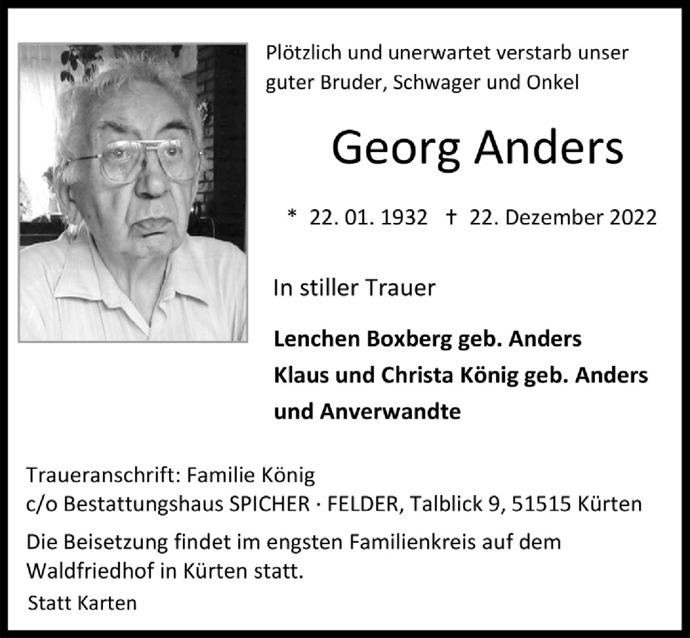  Traueranzeige für Georg Anders vom 29.12.2022 aus  Bergisches Handelsblatt 