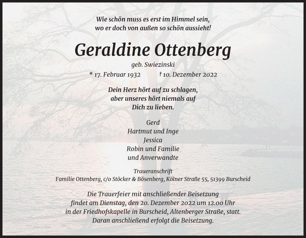  Traueranzeige für Geraldine Ottenberg vom 17.12.2022 aus Kölner Stadt-Anzeiger / Kölnische Rundschau / Express