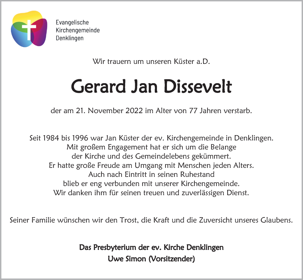  Traueranzeige für Gerard Jan Dissevelt vom 10.12.2022 aus Kölner Stadt-Anzeiger / Kölnische Rundschau / Express