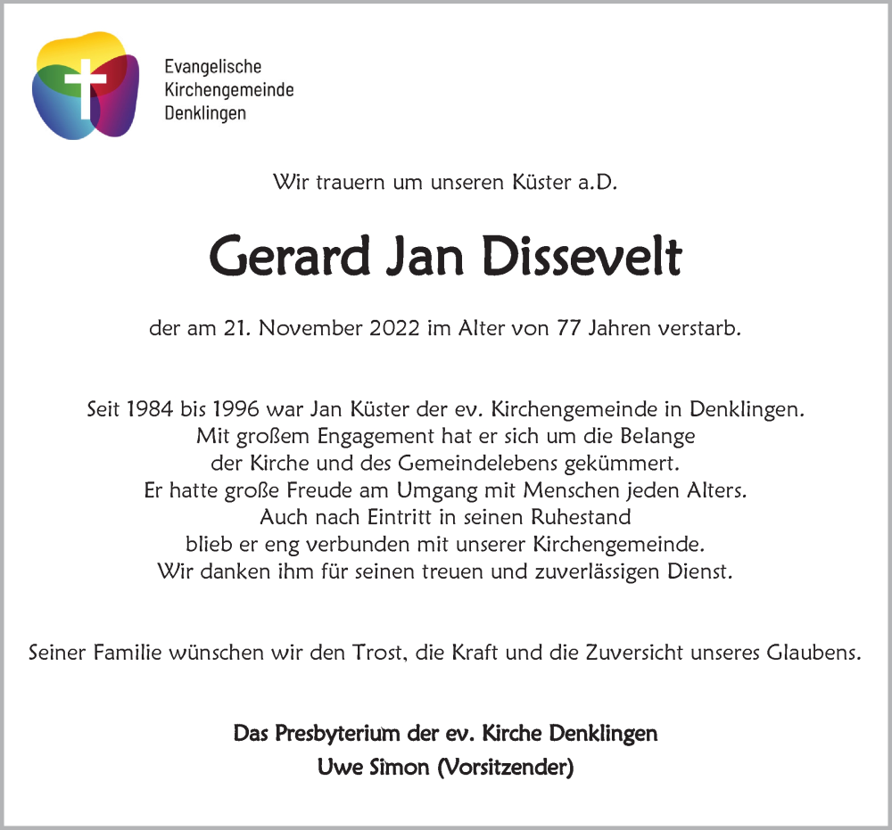  Traueranzeige für Gerard Jan Dissevelt vom 09.12.2022 aus  Anzeigen Echo  Lokalanzeiger 