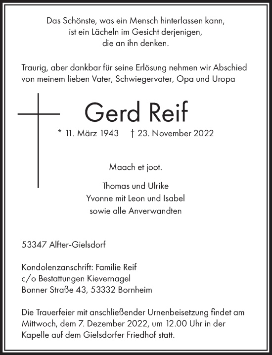 Anzeige von Gerd Reif von  Schaufenster/Blickpunkt 