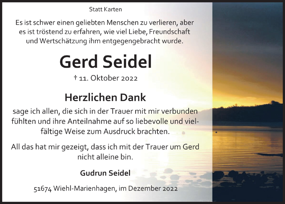  Traueranzeige für Gerd Seidel vom 02.12.2022 aus  Anzeigen Echo 