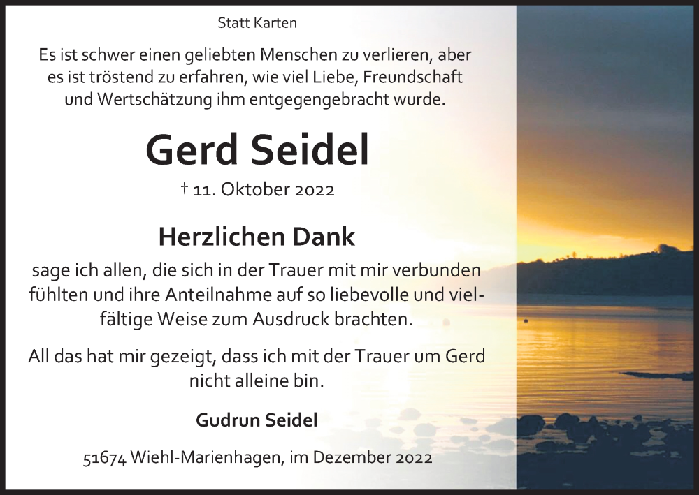  Traueranzeige für Gerd Seidel vom 03.12.2022 aus Kölner Stadt-Anzeiger / Kölnische Rundschau / Express
