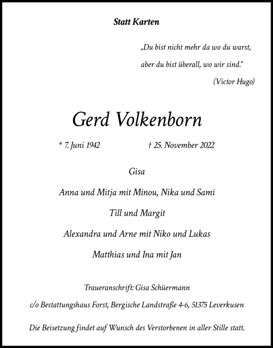 Anzeige von Gerd Volkenborn von Kölner Stadt-Anzeiger / Kölnische Rundschau / Express