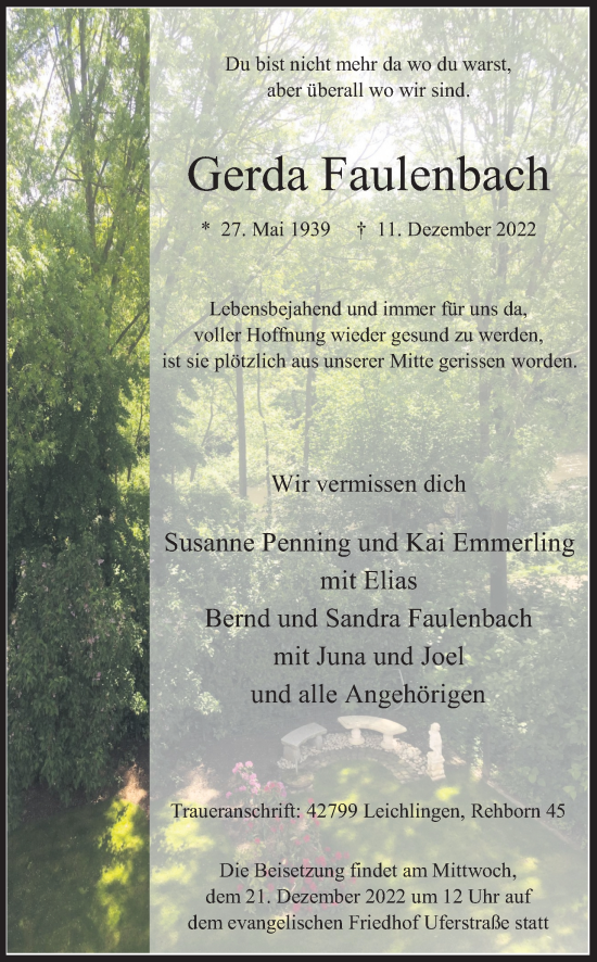 Anzeige von Gerda Faulenbach von Kölner Stadt-Anzeiger / Kölnische Rundschau / Express