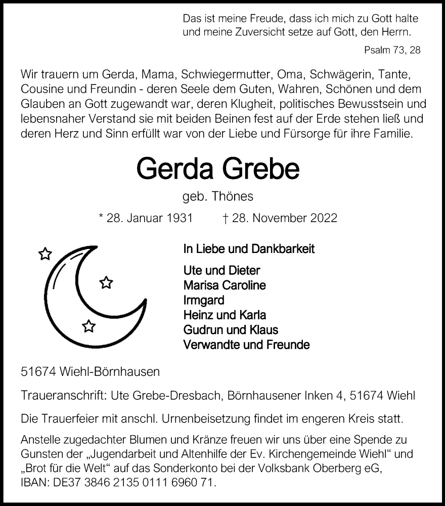  Traueranzeige für Gerda Grebe vom 03.12.2022 aus Kölner Stadt-Anzeiger / Kölnische Rundschau / Express