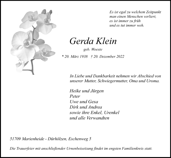 Anzeige von Gerda Klein von Kölner Stadt-Anzeiger / Kölnische Rundschau / Express