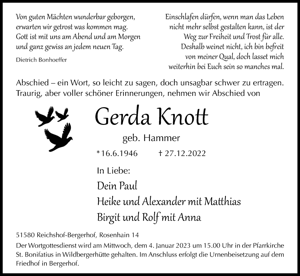  Traueranzeige für Gerda Knott vom 31.12.2022 aus Kölner Stadt-Anzeiger / Kölnische Rundschau / Express