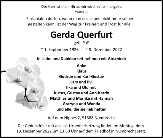 Anzeige von Gerda Querfurt von Kölner Stadt-Anzeiger / Kölnische Rundschau / Express
