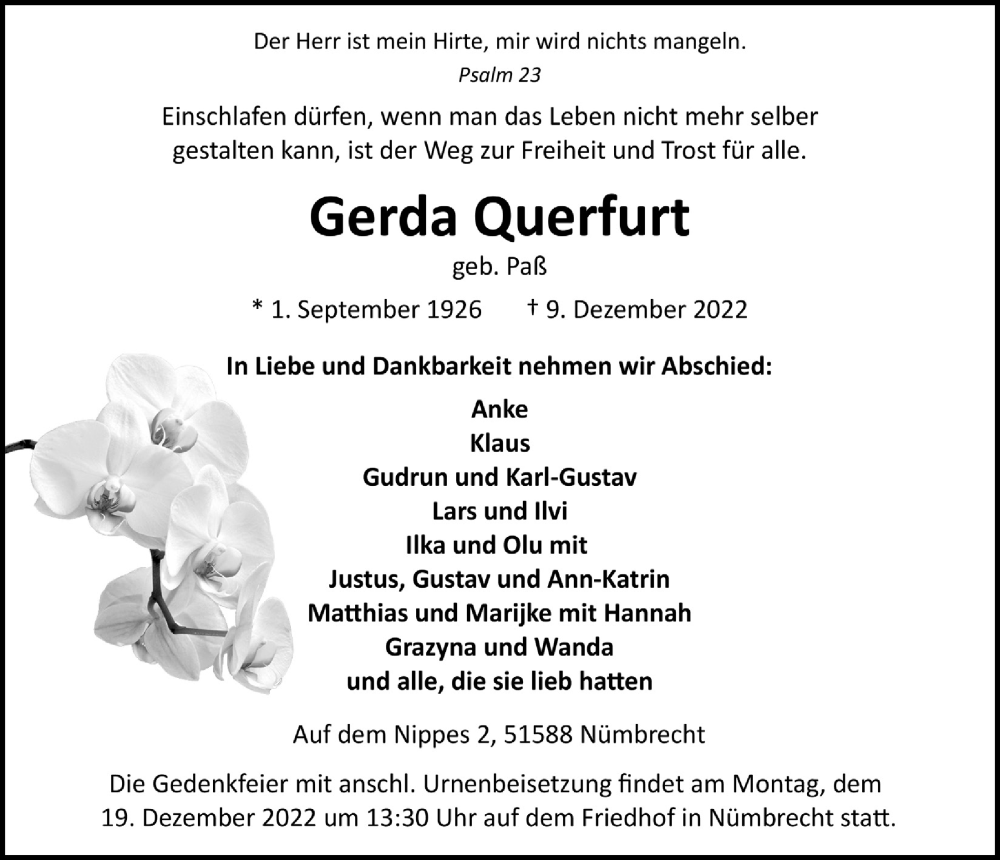  Traueranzeige für Gerda Querfurt vom 16.12.2022 aus  Lokalanzeiger 