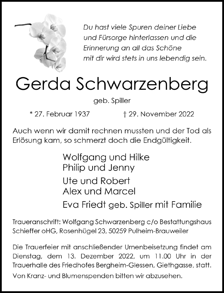  Traueranzeige für Gerda Schwarzenberg vom 09.12.2022 aus  Werbepost 