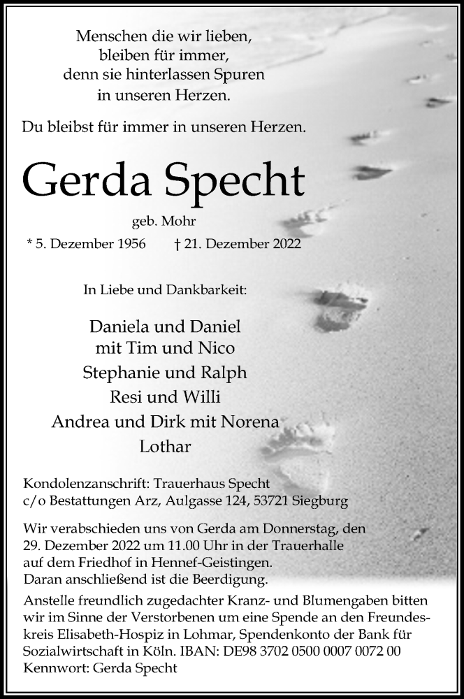  Traueranzeige für Gerda Specht vom 24.12.2022 aus Kölner Stadt-Anzeiger / Kölnische Rundschau / Express