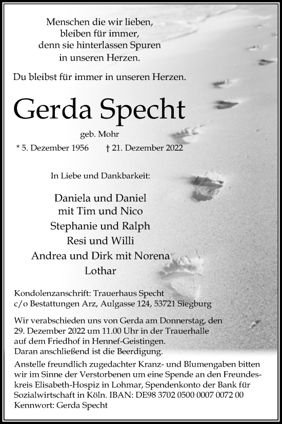 Anzeige von Gerda Specht von Kölner Stadt-Anzeiger / Kölnische Rundschau / Express
