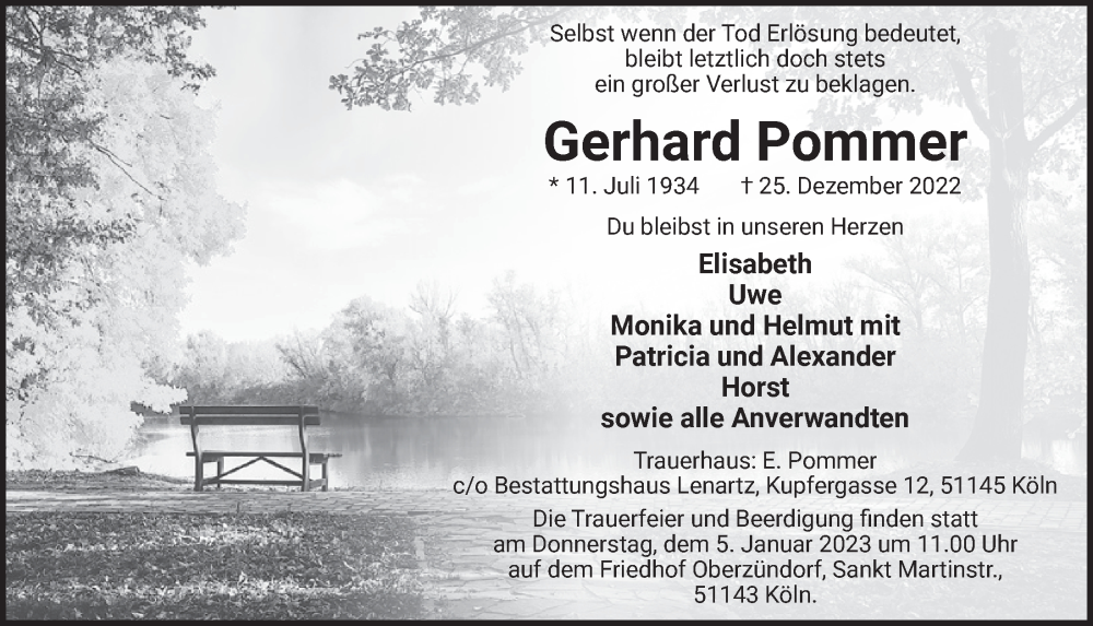  Traueranzeige für Gerhard Pommer vom 29.12.2022 aus  EXPRESS - Die Woche 