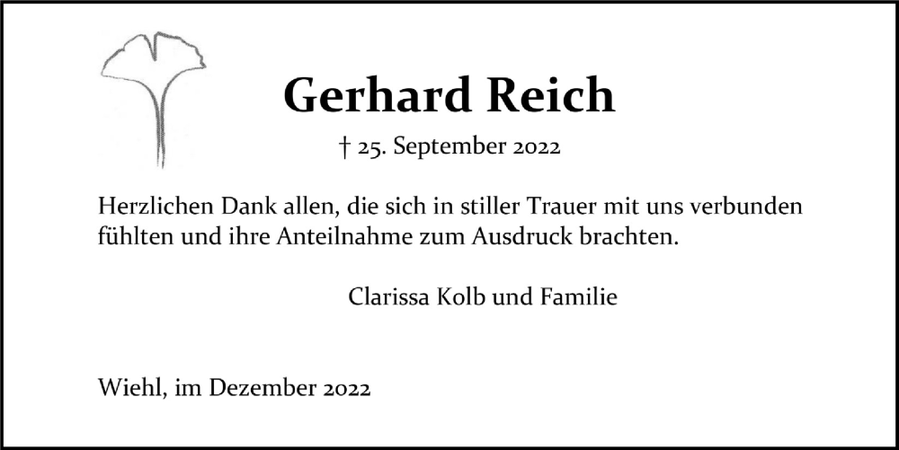  Traueranzeige für Gerhard Reich vom 16.12.2022 aus  Anzeigen Echo 
