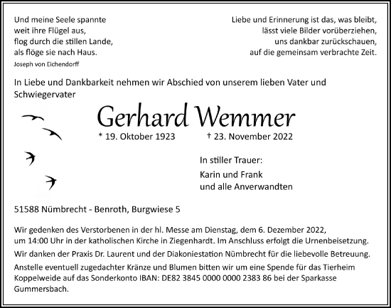 Anzeige von Gerhard Wemmer von  Lokalanzeiger 