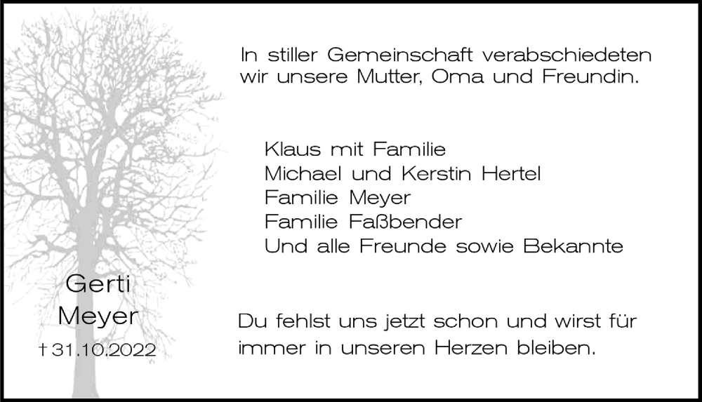  Traueranzeige für Gerti Meyer vom 02.12.2022 aus  Schlossbote/Werbekurier 