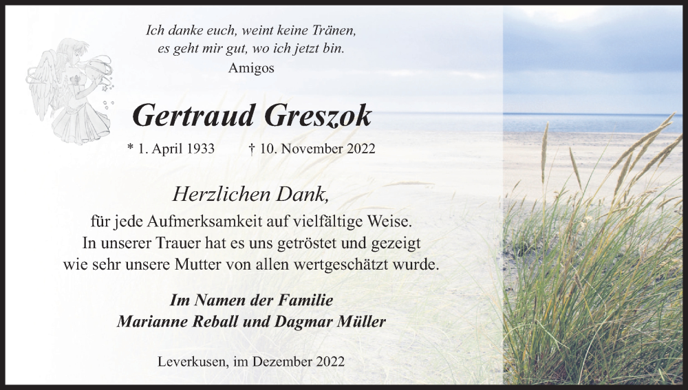 Traueranzeige für Gertraud Greszok vom 17.12.2022 aus Kölner Stadt-Anzeiger / Kölnische Rundschau / Express