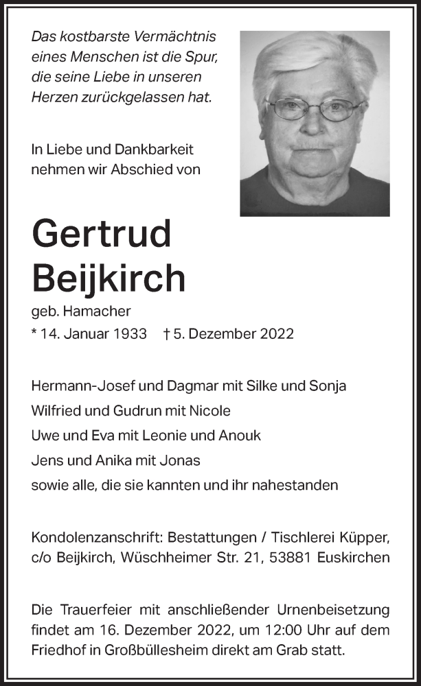  Traueranzeige für Gertrud Beijkirch vom 10.12.2022 aus  Blickpunkt Euskirchen 