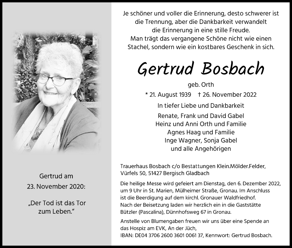  Traueranzeige für Gertrud Bosbach vom 03.12.2022 aus Kölner Stadt-Anzeiger / Kölnische Rundschau / Express