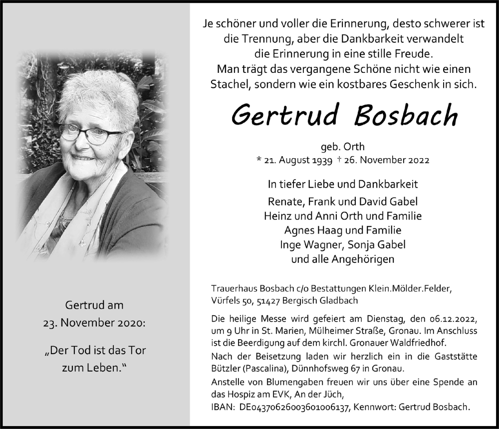  Traueranzeige für Gertrud Bosbach vom 02.12.2022 aus  Bergisches Handelsblatt 