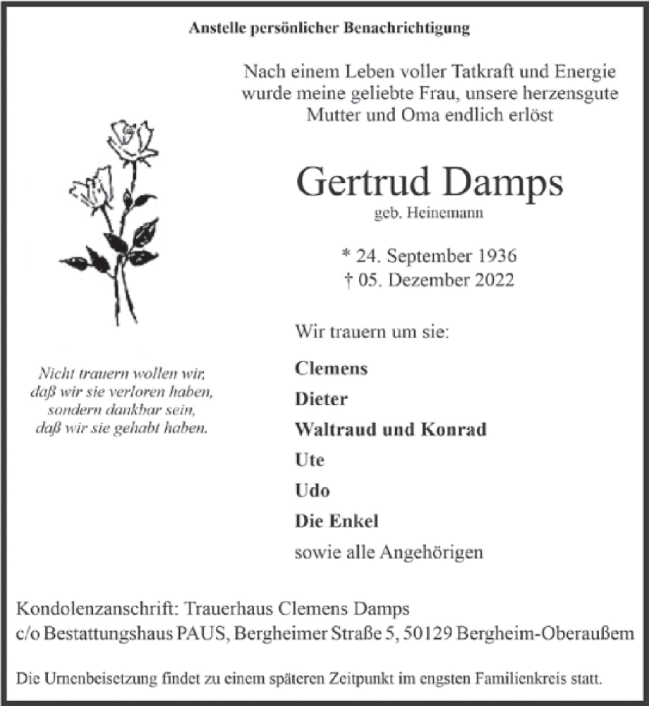  Traueranzeige für Gertrud Damps vom 16.12.2022 aus  Werbepost 