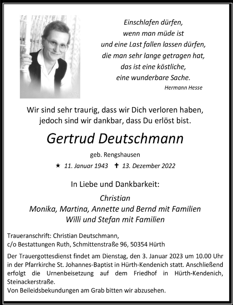  Traueranzeige für Gertrud Deutschmann vom 29.12.2022 aus  Wochenende 