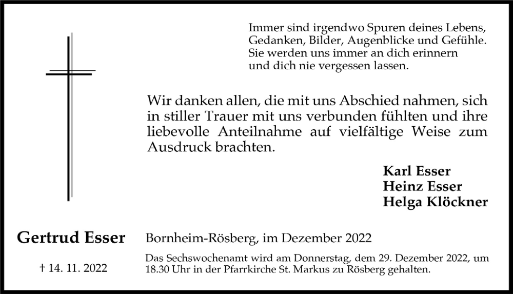  Traueranzeige für Gertrud Esser vom 16.12.2022 aus  Schaufenster/Blickpunkt 