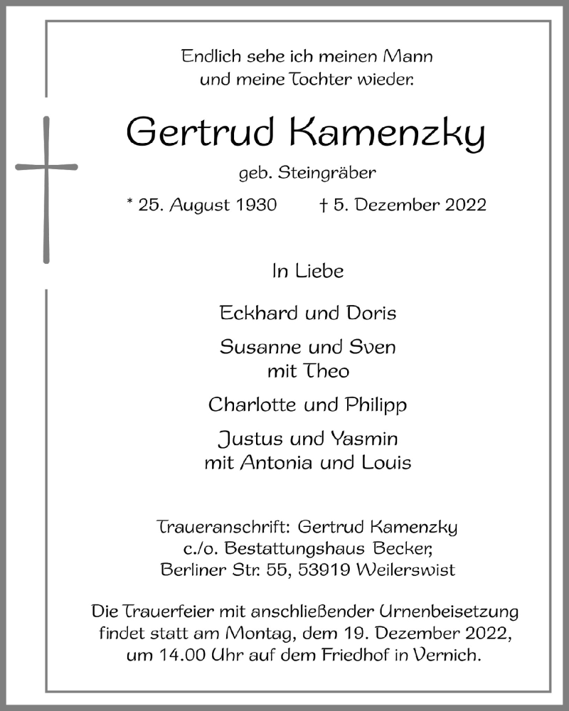  Traueranzeige für Gertrud Kamenzky vom 10.12.2022 aus  Blickpunkt Euskirchen 