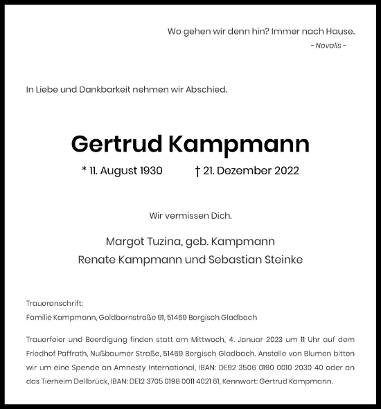 Anzeige von Gertrud Kampmann von Kölner Stadt-Anzeiger / Kölnische Rundschau / Express