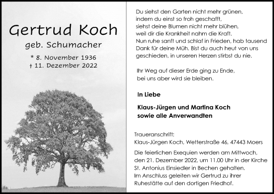 Anzeige von Gertrud Koch von Kölner Stadt-Anzeiger / Kölnische Rundschau / Express