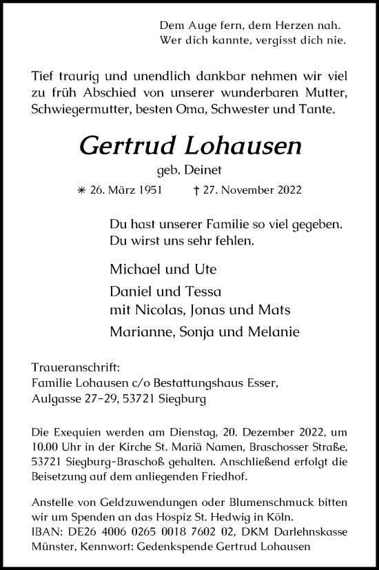 Anzeige von Gertrud Lohausen von Kölner Stadt-Anzeiger / Kölnische Rundschau / Express