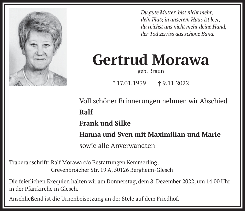  Traueranzeige für Gertrud Morawa vom 02.12.2022 aus  Werbepost 
