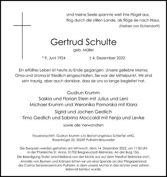 Anzeige von Gertrud Schulte von Kölner Stadt-Anzeiger / Kölnische Rundschau / Express