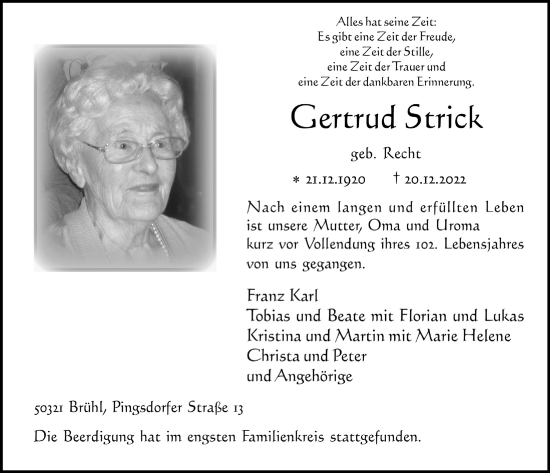 Anzeige von Gertrud Strick von  Schlossbote/Werbekurier 