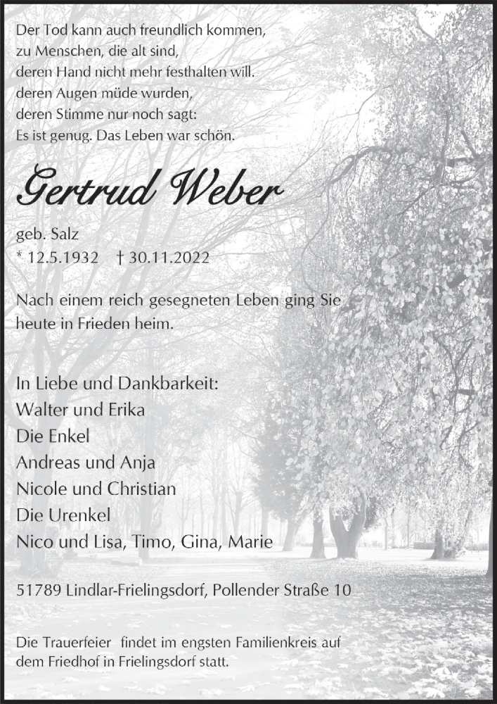  Traueranzeige für Gertrud Weber vom 09.12.2022 aus  Anzeigen Echo 